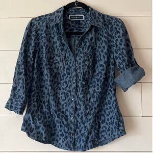 Karen Scott 3/4 sleeve button up animal print denim top XS